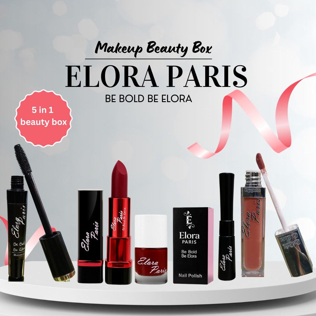 Ultimate Glam Deal Box – Complete Makeup Set (Lip Gloss, Lipstick, Nail Polish, Eyeliner, Mascara) | Elora Paris